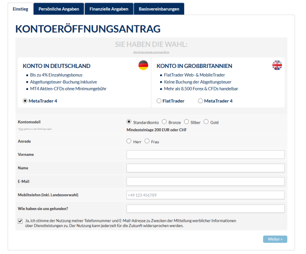 Das Kontoeröffnungsformular bei FXFlat