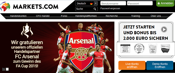 Die Homepage des Brokers Markets.com