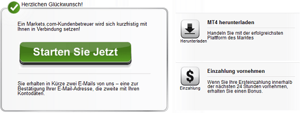 Erfolgreiche Registrierung des Handelskontos bei Markets.com