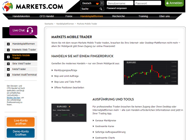 Forex Trading Software auf der Homepage von Markets.com