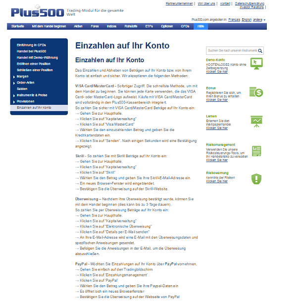 Die Homepage von Plus500
