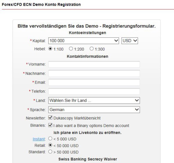 Anmeldeformular für CFD Demokonto