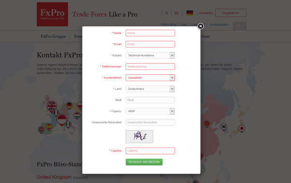 Rückruffunktionsformular bei FxPro