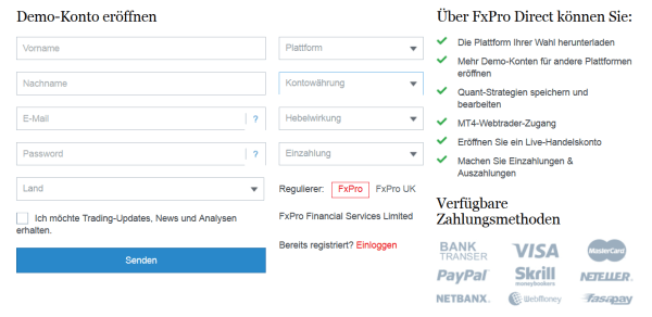 Das Eröffnungsformular für das Demokonto