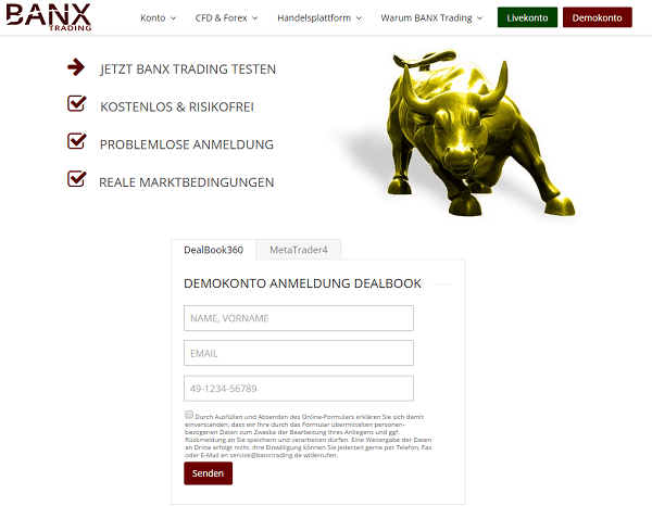 Die Anmeldeseite für ein Demokonto bei Banxtrading.de