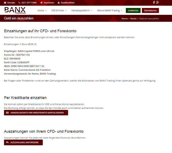 Die Einzahlungswege bei Banxtrading.de