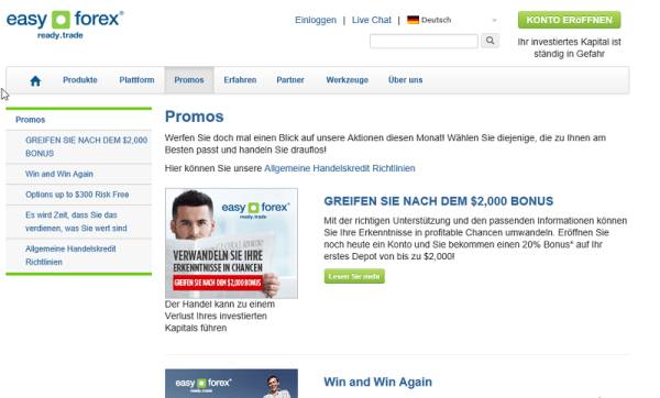 Übersicht Promotions auf easy-forex.de