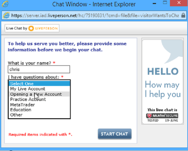 Live-Chat-Fenster auf forex.com