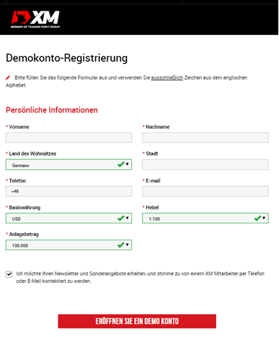 Das Anmeldeformular für ein Demokonto bei XM.com