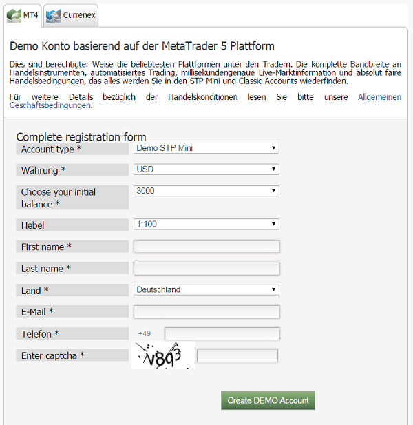 Das Anmeldeformular für ein Mayzus Demokonto