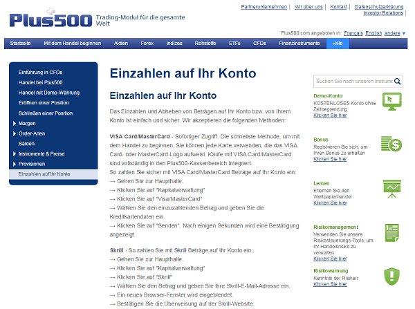 Die Einzahlungswege bei Plus500