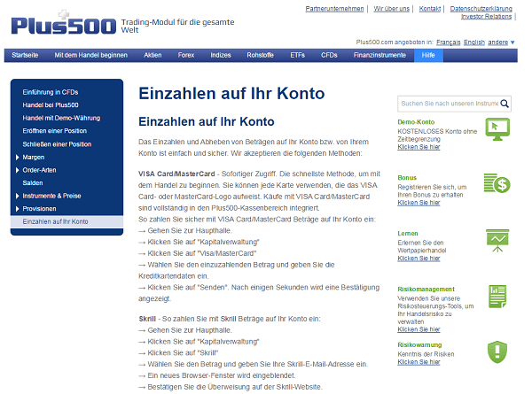 Die Einzahlungswege bei Plus500