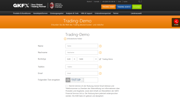 Das Eröffnungs-Formular beim GKFX Demokonto