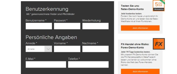 Das Online Formular zur Flatex CFD Demokonteneröffnung