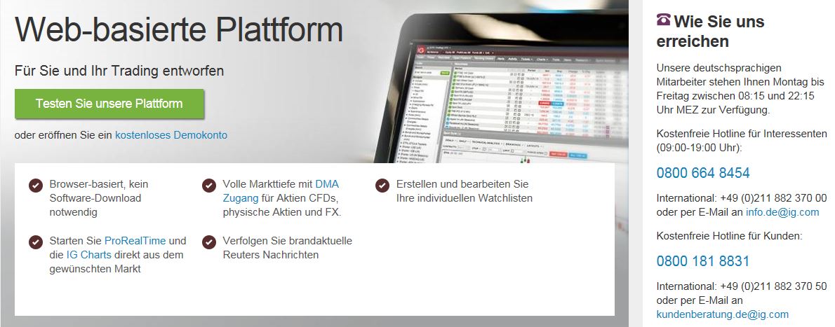 Überblick der webbasierten IG Handelsplattform