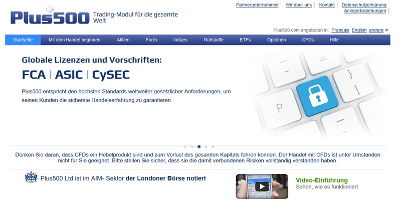 Screenshot Startseite Plus500 