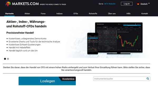 Screenshot Startseite Markets.com