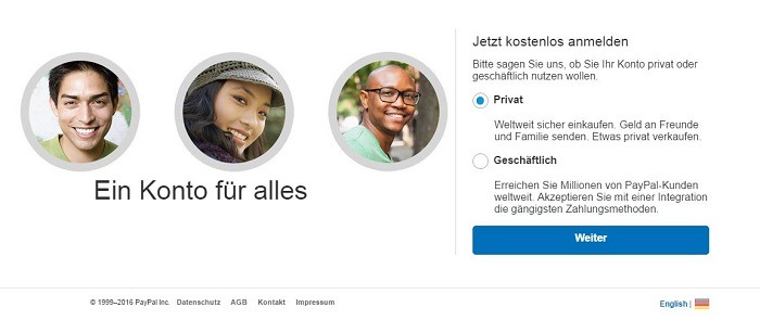 PayPal Kundenkonto Registrierung