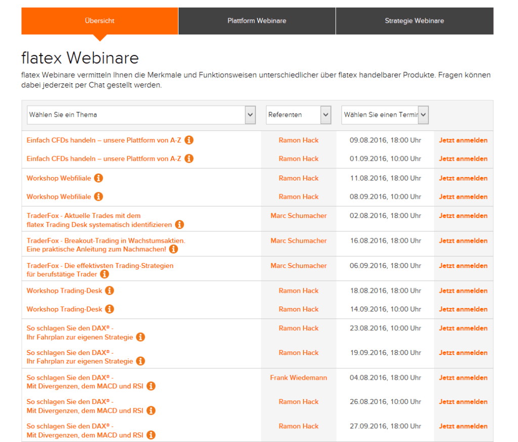 Zur Weiterbildung stehen bei Flatex Webinare zur Verfügung