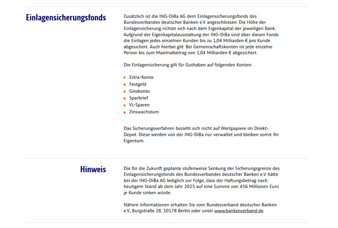 Informationen zur Einlagensicherung der ING DiBa