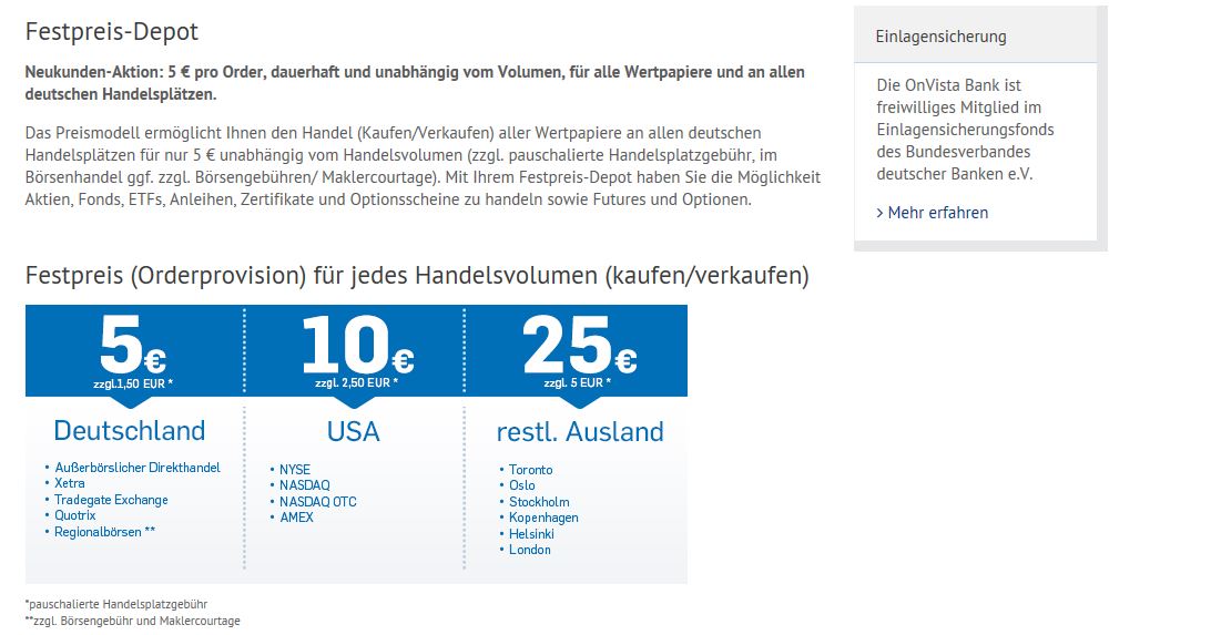 OnVista Bank Depot Kosten für das Festpreis-Depot im Überblick