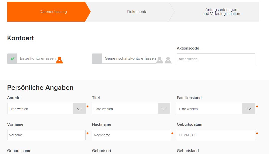 Das Online Formular zur flatex Kontoeröffnung