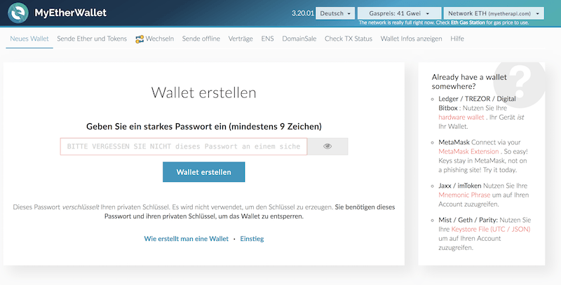 MyEtherWallet Wallet Eröffnung im Wallet Anbieter Vergleich