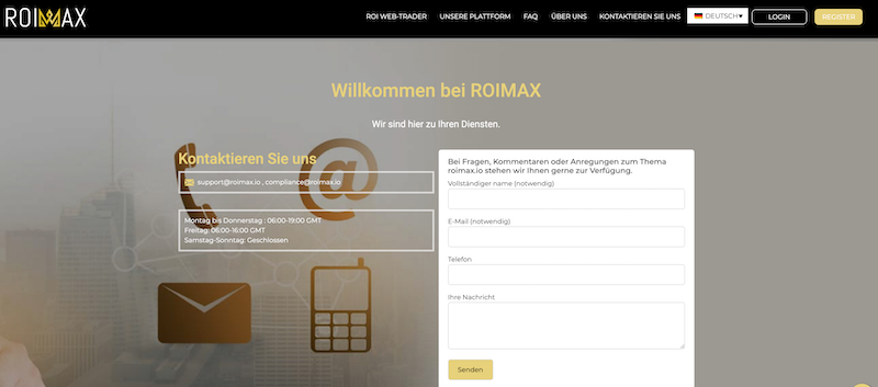 Der Kontaktbereich auf der Webseite von Roimax