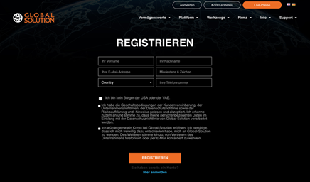 Alt Text: Das Registrierungsformular von Global Solution.